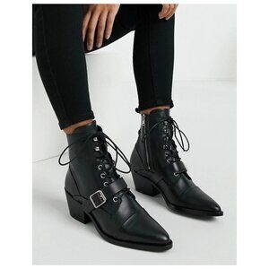 $400 ALLSAINTS KATY LEATHER LACE UP MOTO COMBAT CHUNKY BLACK 37 (MG8)